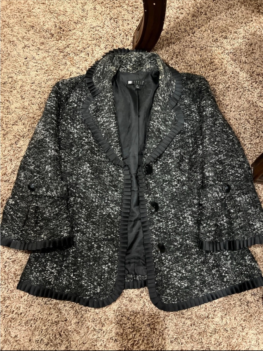 Carole Little Black and Gray Tweed Pleated-Trim Blazer
